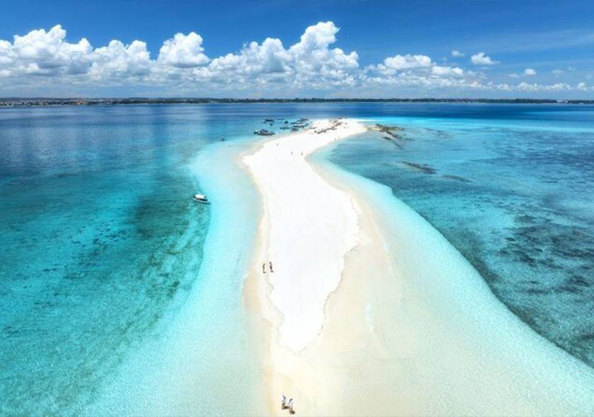 Aerial view of the Nakupenda sandbank in turquoise water